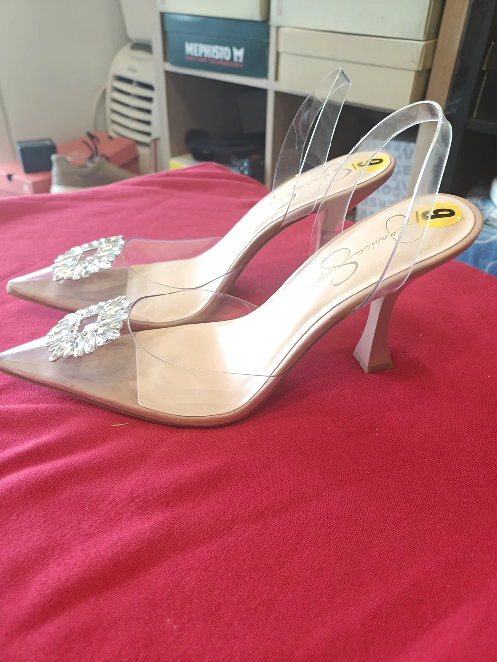 Jessica Simpson Clear PVC Slingback Heels with Crystal Brooch - Nude